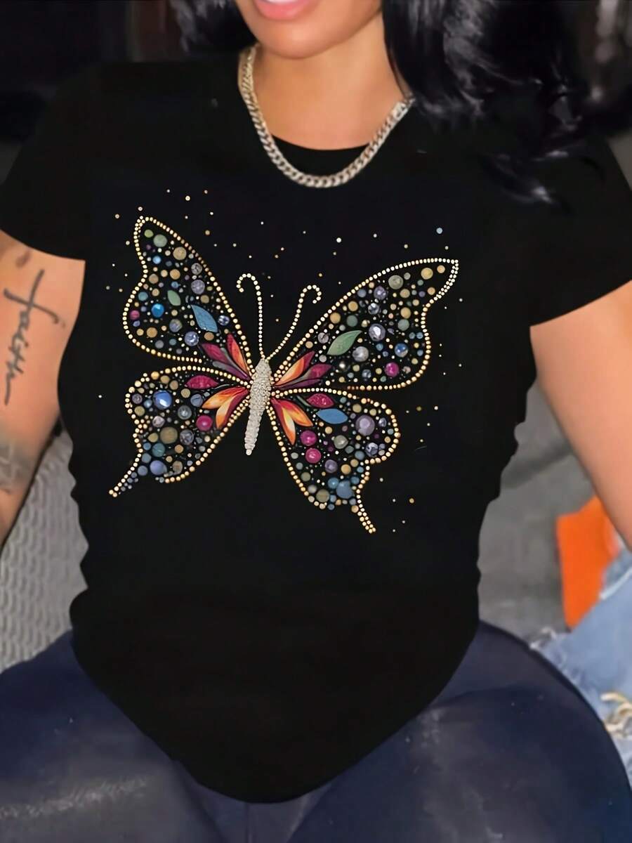 Camiseta Deportiva Casual para Mujer de Cuello Redondo en Negro con Colorido Diseño de Mariposa de Cuentas - Camiseta Elástica y Lavable aáquina, Ajuste Cómodo y para Todas las Estaciones, Estilo Único y Vibrante. - Negro - Ver 1