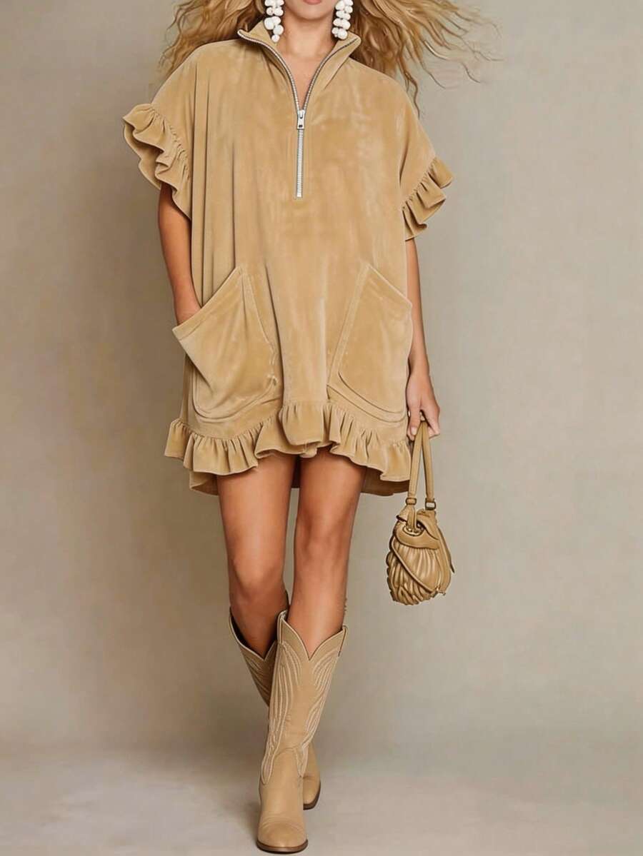 A-Line Dress With Short Sleeves And Ruffles, Two Pockets And Zipper, New Spring Summer 2026 Collection - 駝色 - 查看 1
