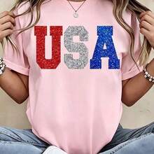 100%CottonGlitter Usa Patriotic T Shirt Red White And Blue Sparkle Print For Independence Day Celebration Party WearBreathable Cotton Tee, All Match - 粉色 - 查看 15