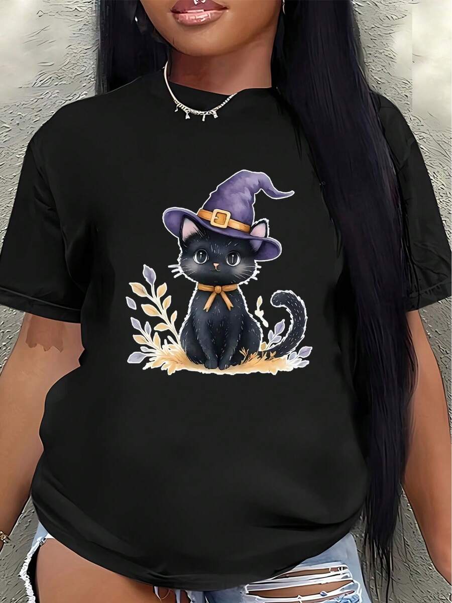Short-Sleeved Polyester T-Shirt, Decorated With A Halloween Witch Cat Design, Lightweight And Durable, Suitable For Casual Wear At Home, In The Office, Or At Parties. Made With Soft Fabric And Vibrant Prints, It's Comfortable And Easy To Wear Every Day. Women's Casual Blouse - 黑色 - 查看 1