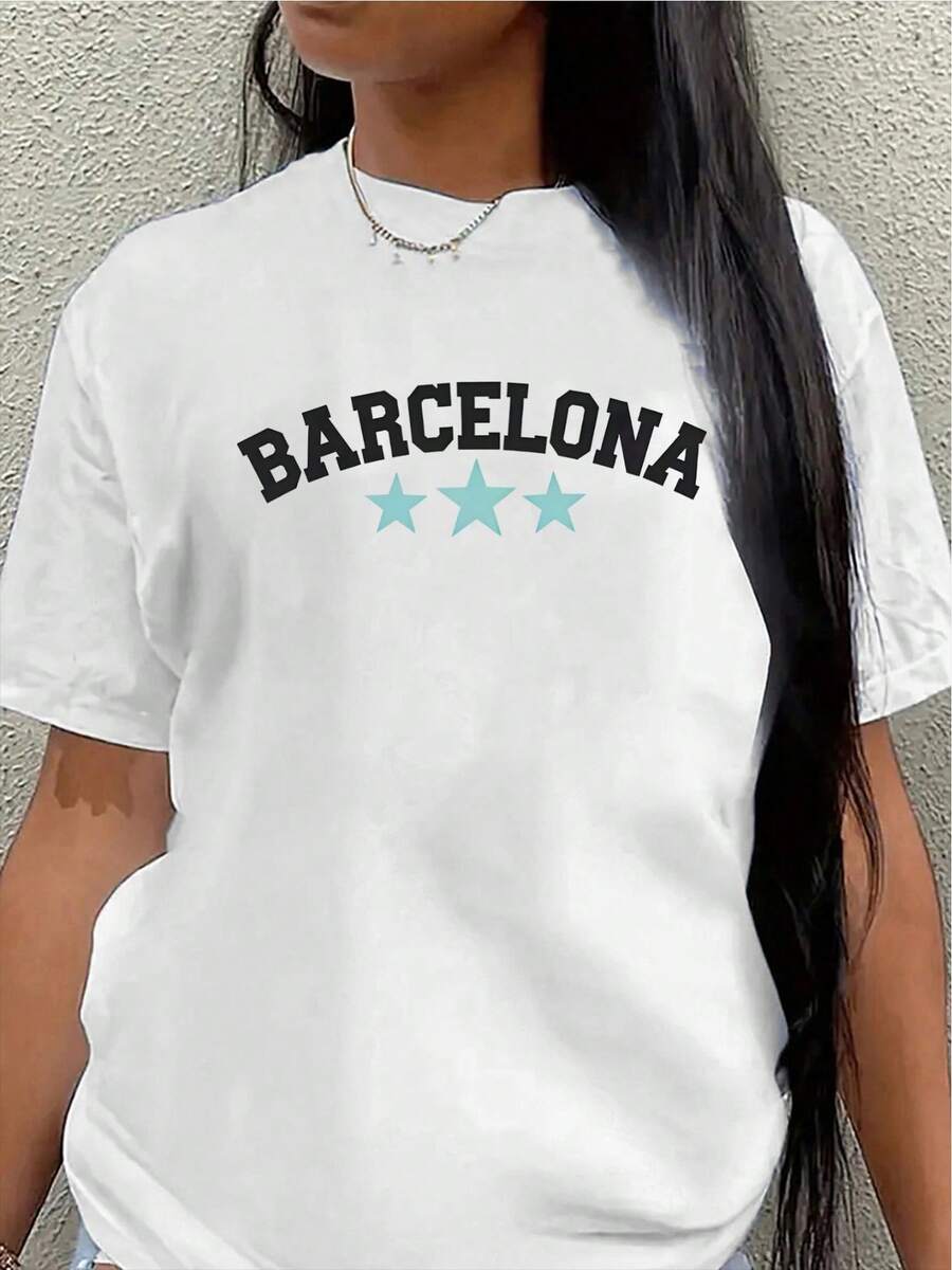 This Lightweight And Durable Short-Sleeved T-Shirt, Featuring A Barcelona Print And Design, Is Perfect For Wearing At Home, In A Restaurant, Or Outdoors, Offering A Comfortable Everyday Wear Experience. Casual Blouse For Women - 白色 - 查看 1