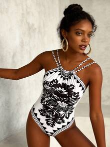 Baju Renang One-Piece Motif Bunga Seksi Tanpa Punggung Gaya Bohemian, Cocok untuk Liburan Pantai di Musim Panas, Warna Hitam - Hitam - View 5