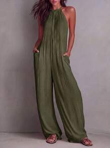 White Wide-Leg Jumpsuit With Pleats And Open Back, Perfect For A Holiday Look. - 軍綠色 - 查看 3