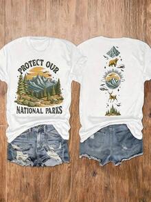 Women's National Park Print T-Shirt - "Protect Our Parks" Mountain View Design - Fashionable Double-Sided Print, Soft Crew Neck, Short Sleeve - Casual Outdoor Travel Top - Everyday Style - Nature-Themed Clothing, Vacation Outfit, Comfortable Fit - 白色 - 查看 11
