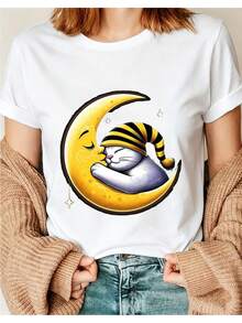 Women's T-Shirt Unique And Creative Design Graphic T-Shirt With Cat And Moon Pattern For Women, Fashionable For All Seasons, Casual, Comfortable, Popular, Soft, For Daily Outdoor Activities Pixianai01, Short Sleeve Top With Round Neck, Suitable For All Seasons. - 白色 - 查看 7