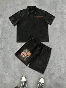 Washed Suit, 290g Washed Shorts, Bible Printed Suit, High Quality Batik Cotton Suitable For Outdoor Sports In Summer, Bible, Father's Day, Mother's Day, Independence Day, Holiday Gifts, Perfect Gifts. - Black - View 1