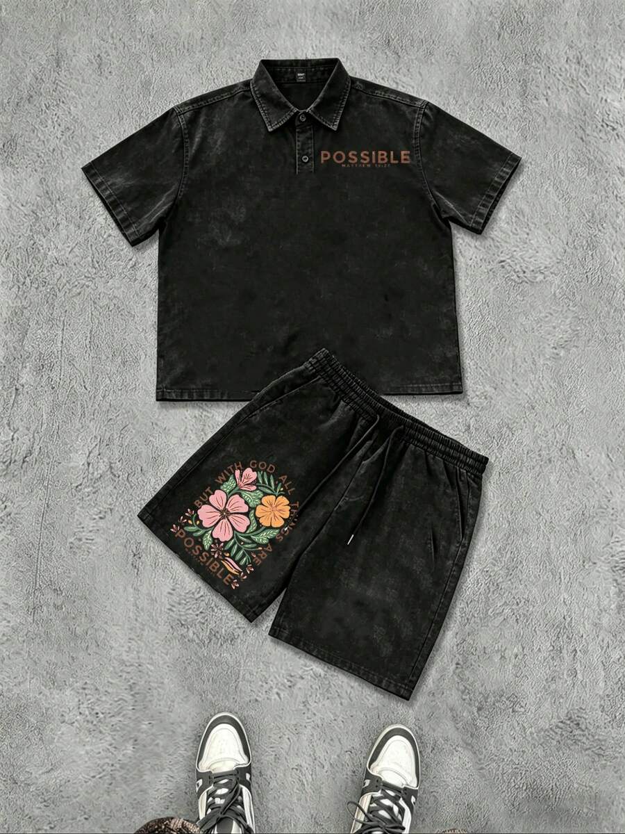 Washed Suit, 290g Washed Shorts, Bible Printed Suit, High Quality Batik Cotton Suitable For Outdoor Sports In Summer, Bible, Father's Day, Mother's Day, Independence Day, Holiday Gifts, Perfect Gifts. - Black - View 1