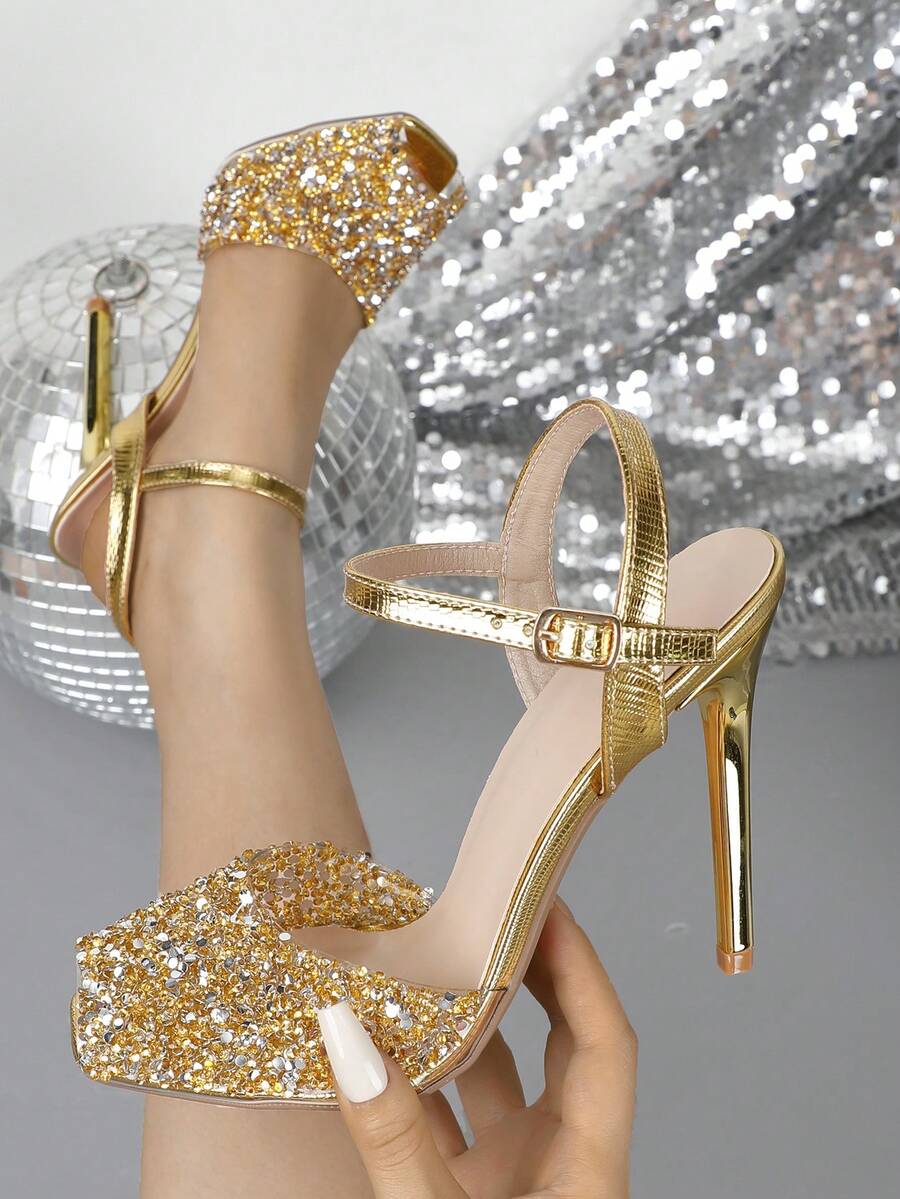 Sandalias de tacón alto con punta cuadrada, de moda para primavera/verano - Dorado - Ver 1