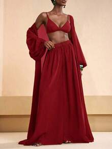 Conjunto de kimono y pantalones palazzo elegantes y casuales para la playa, 2026 - Rojo - Ver 3