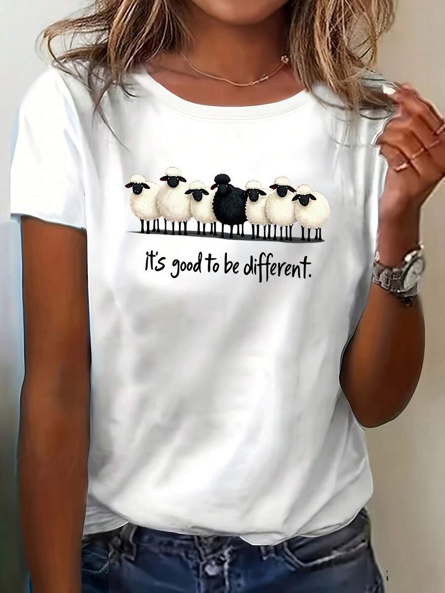 Camiseta de verano para mujer con estampado de animales de dibujos animados, estilo coreano casual, corte regular, cuello redondo y manga corta