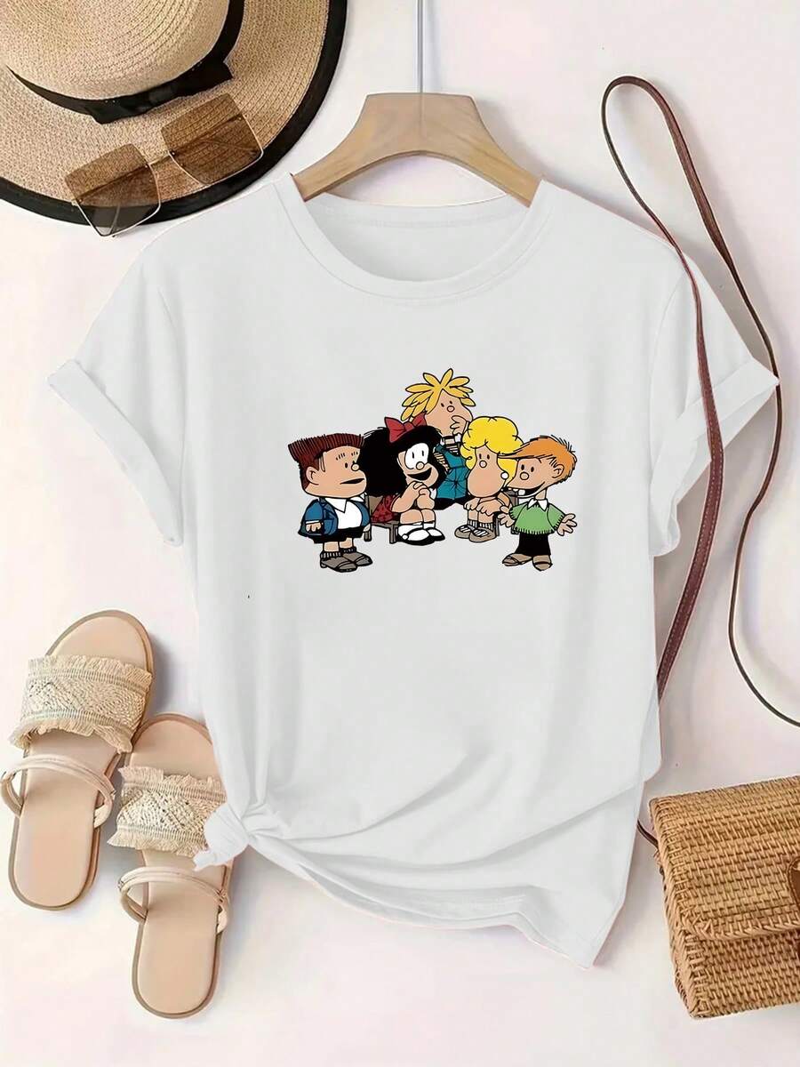 Limited Time Offer, Limited Quantities, Flash ! Women's Casual Shirts, Women's Polyester T-Shirts, Elegant Shirts. Women's T-Shirt With Cartoon Character And Letter Print, Crew Neck. - 白色 - 查看 1