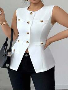 ajustado de estilo francés minimalista, versátil y cómodo con abertura frontal, adelgazante, blazer de verano para mujer de talla grande de tejido tejido elegante y sofisticado - Blanco - Ver 4