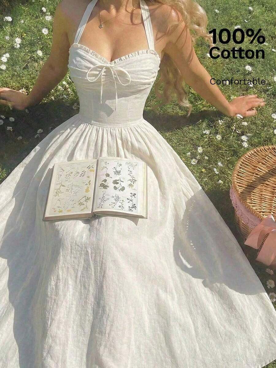 xheSHEIN MOD Vestido de mujer con estampado floral romántico francés de tirantes finos hasta la pantorrilla, vestido de San Valentín, vestidos de verano para mujer, ropa bohemia para mujer, vestido floral rosa, vestido de San Valentínxhe - Albaricoque - Ver 1