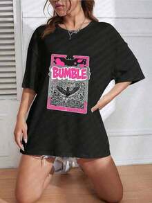 Women's Summer Clothes: Stylish Short-Sleeve Blouse With 'BUNGLE' Graffiti Print And Vibrant Abstract Patterns In Pink And Black, Comfortable And Soft Fabric, Fun Design, Perfect As A Gift For Her. Women's Summer Clothes: Stylish Short-Sleeve Blouse, Loose Fit, Comfortable And Breathable For Everyday Wear. Breathable And Comfortable. - 黑色 3 - 查看 3