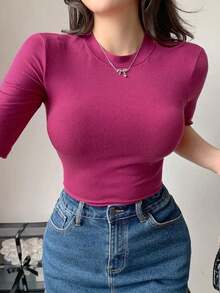 Camiseta casual de mujer con cuello alto, manga corta, ajustada, con cierre cruzado delantero, sólida y sexy.Versátil para usar en verano, estilo preppy. - Rosa Fucsia - Ver 9