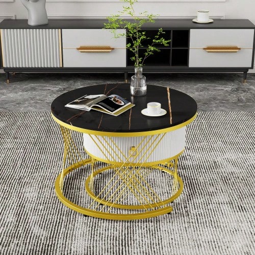 Elegant Modular Coffee Table: Marble Look, Gold Decor, Side Table With Drawers – Set Of 2 - Black + MDF - 查看 1
