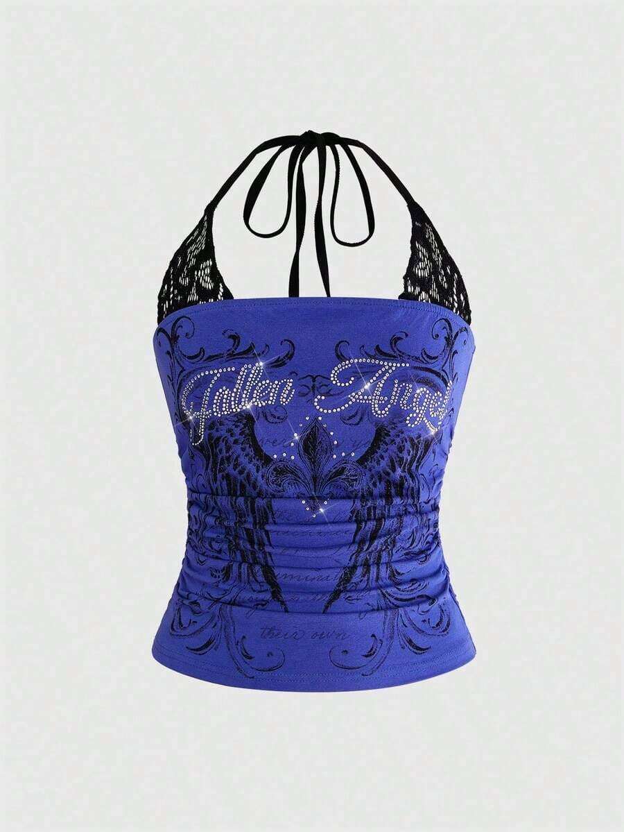 Conjunto de concierto Y2K para mujer, top corto de algodón con contraste de encaje y estampado de calavera punk en 2 en 1 - Azul - Ver 1
