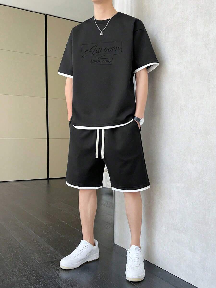 男士夏季字母压花花卉圆领短袖休闲T恤和抽绳腰短裤套装