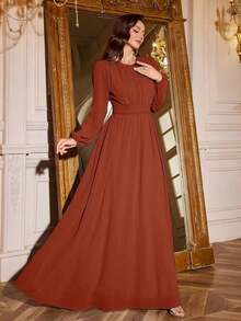 Vestido de dama de honor de manga linterna de unicolor elegante y extra largo - Óxido marrón - Ver 7