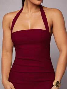 Vestido de lino y algodón con cuello halter, volantes en el bajo, color liso marfil, para Día de San Valentín, citas, vacaciones, fiesta, dama de honor, baile, vida diaria, cumpleaños, vacaciones - Burdeos - Ver 7