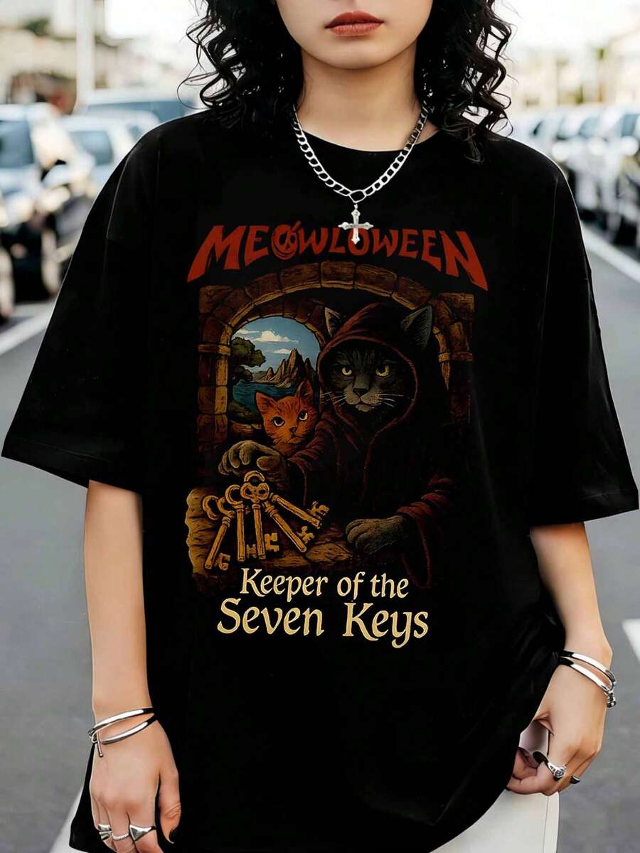 Oversized Black Meowloween Keeper Of The Keys T-Shirt, Cat Parody, Funny Metal-Themed Tee - Black - View 1