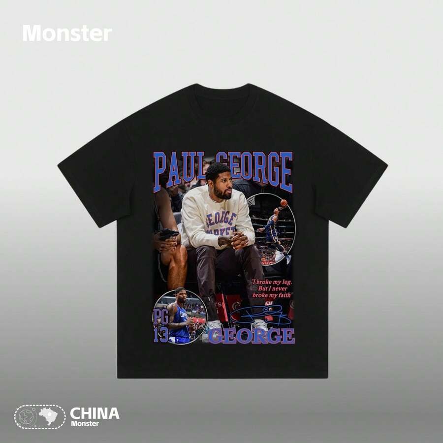 American-Style Short-Sleeved Sports T-Shirt With Paul George Clippers Print, Retro, Loose, Casual, Modern, Hip-Hop Style, Vintage. - 白色 - 查看 1