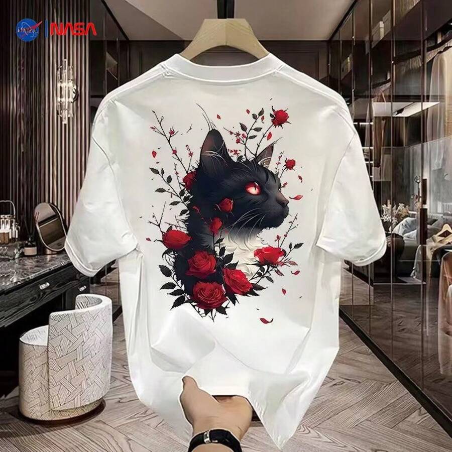 Pure Cotton Short-Sleeved T-Shirt With Rose Print, Versatile, Modern Brand, Loose Fit, Casual Round Neck, Lightweight Luxury Style, High-Quality T-Shirt For Men. - 白色 - 查看 1
