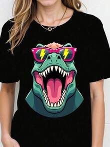 Unisex Pure Cotton Printed Casual T-Shirt. Cotton T-Shirt With A Fun Dinosaur Design, Retro Print, Comfortable, Ideal For Young Adults, Sizes S To XXL, Black, Urban Fashion, Original T-Shirt. Comfortable And Versatile For School, Work, Outings And Casual Events. - 黑色 - 查看 6