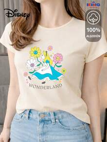 Women's T-Shirt Made Of 100% High-Quality Cotton. This T-Shirt Guarantees Exceptional Softness To The Touch, With A Round Neck, "Disney Alice In Wonderland Flowers" Print, And Short Sleeves. - 米色 - 查看 1