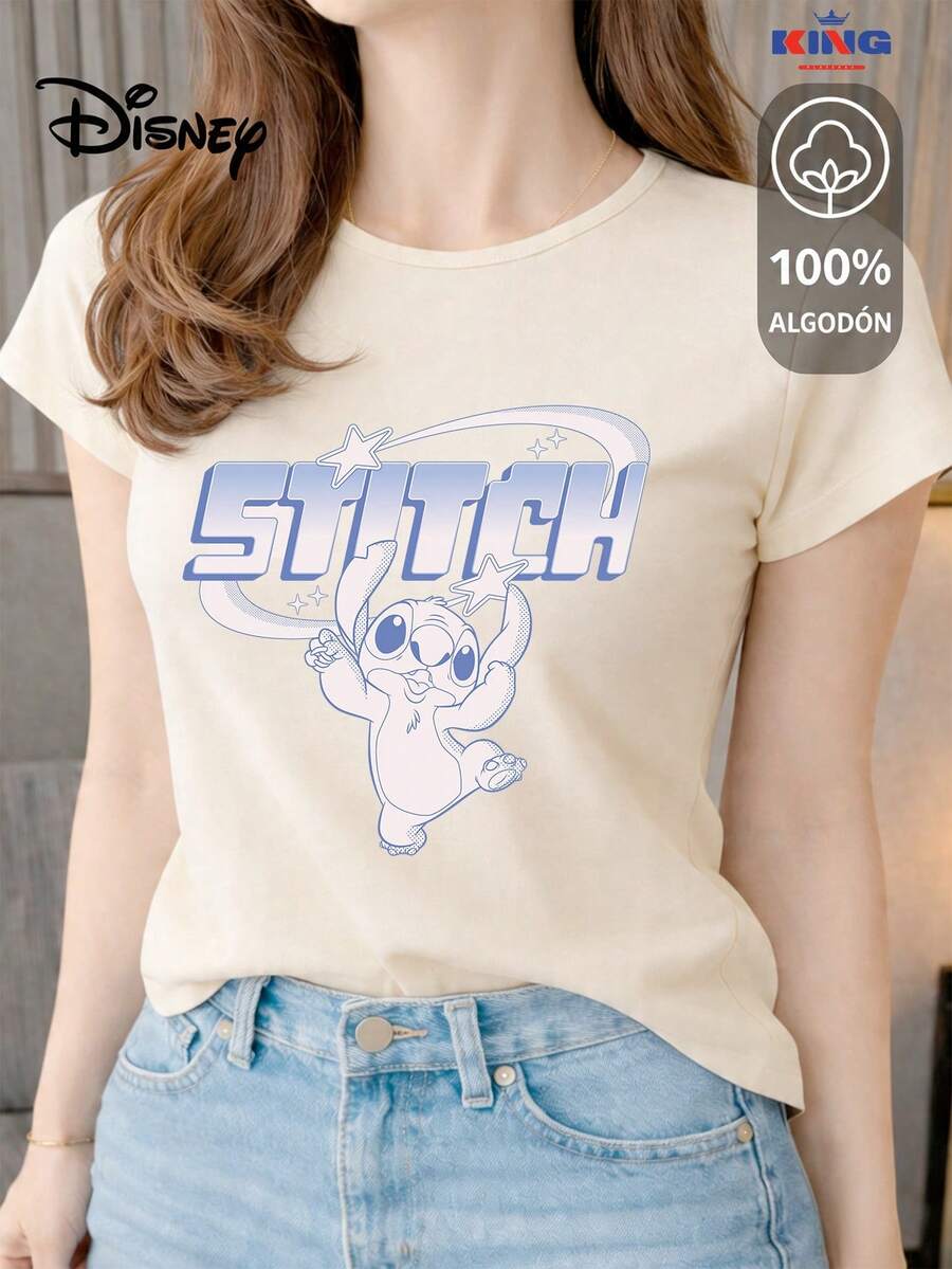 This 100% Cotton T-Shirt Is Of Excellent Quality, Guaranteeing Exceptional Softness To The Touch. It Features A Round Neck With A "Disney Stitch Retro Star Journey" Print And Short Sleeves. - 米色 - 查看 1