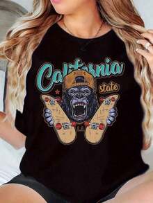 100% Cotton 1 Piece Women's Crew Neck T-Shirt With California State Gorilla And Skateboard Print For Casual Wear G 100% Soft Cotton Women's Simple Solid Color T-Shirt, Loose And Slim Fit Casual Short Sleeve - 白色的 - 查看 6