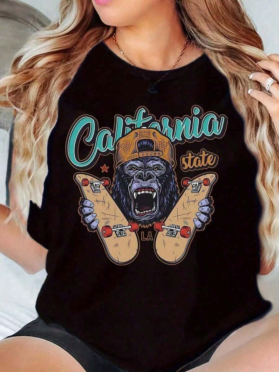 100% Cotton 1 Piece Women's Crew Neck T-Shirt With California State Gorilla And Skateboard Print For Casual Wear G 100% Soft Cotton Women's Simple Solid Color T-Shirt, Loose And Slim Fit Casual Short Sleeve - 黑色 - 查看 1
