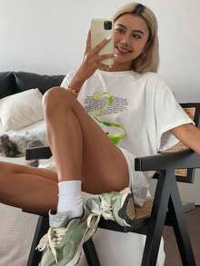 Women's Casual Loose Fit T-Shirt With Lemon Print, Breathable And Comfortable, Short Sleeve, Round Neck, Green Lemon Print And Text, Soft Cotton, Perfect For Everyday Wear And Minimalist Urban Style - 白色 - 查看 8