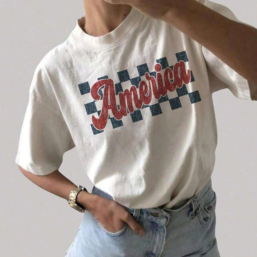 Camisa Suave Retro a Cuadros de Estilo Americano, Camisa Vintage Americana para Mujer, Camiseta del 4 de Julio, Camiseta a Cuadros de Estilo Americano, Camiseta Patriótica Americana, Camiseta del Día de la Independencia, Camiseta del 4 de Julio, Blusas Casuales para Mujer, Camiseta Holgada de Algodón Cómoda, Estilo Chic de Corte Relajado O9EK, blusas casuales, playeras de mujer algodón - Blanco - Ver 1
