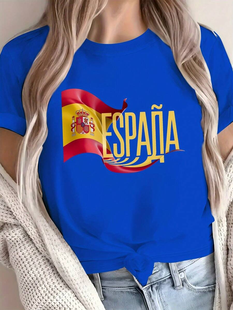 Camiseta de Algodón Puro para ujer con Estampado de la Bandera Española, CómodaTraje de fiesta elegante,T-shirt para damas elegantes,Blusas adecuadas para mujeres con curvas,Faldas de graduación,Ropa casual Estampado de animales adorables,Estampado de letras divertidas - Azul - Ver 1
