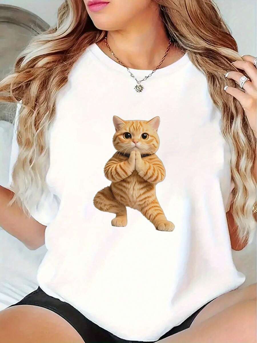 Women's T-Shirt With Funny Kung Fu Cat Print - Soft, Stretchy And Breathable Fabric, Round Neck, Short Sleeves, Casual Summer Wear, Suitable For Outdoor Activities And Fitness, Comfortable For Daily Wear, Fun Graphic Design, Comfortable Fit. - 白色 - 查看 1