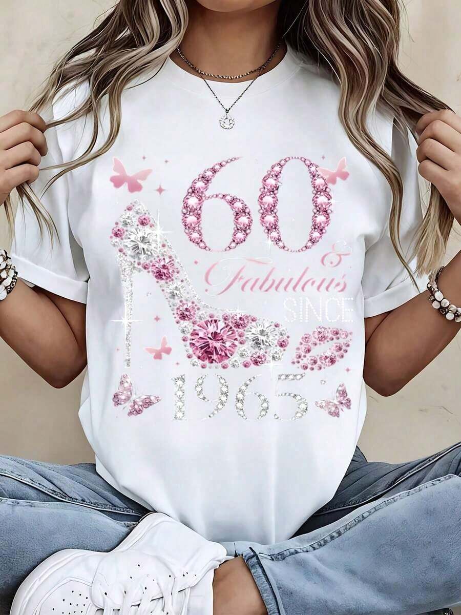 Camisa Casual de Verano para Mujer con Estampado 'High Heel And 60 Fabulous Since 1965', Manga Corta para Atuendos Casuales y Deportivos - Blanco - Ver 1