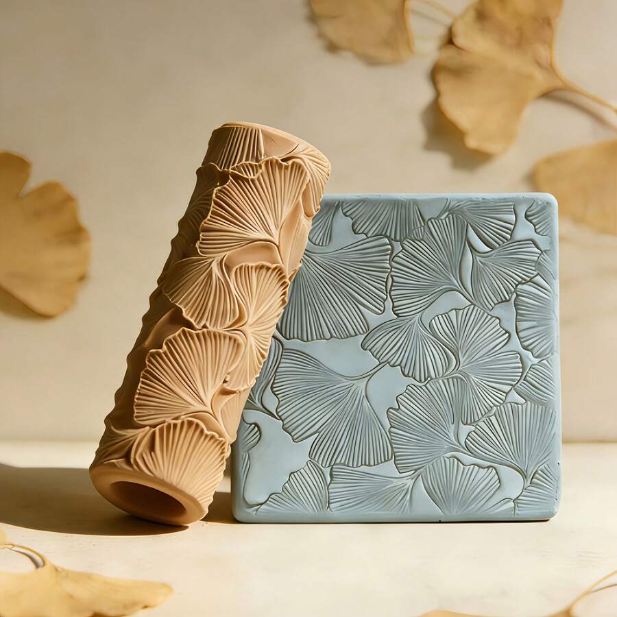 1pc Ginkgo Leaf Texture Roller, Manual Clay Rolling Tool, Embossed Texture Roller Texture, Suitable For Pottery, Manufacturing, DIY Crafts - Durable Hand Forming Mold, Suitable For High Detail 3D Rollers Of Polymer Clay, Ceramics, And Pottery Crafts - Apricot - View 1