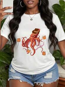 Women's Short Sleeve Crew Neck T-Shirt With Octopus Print Wearing Hat Holding Beer Mugs S-3XL Fashionable, Comfortable And Breathable, Machine Washable - 白色 - 查看 1
