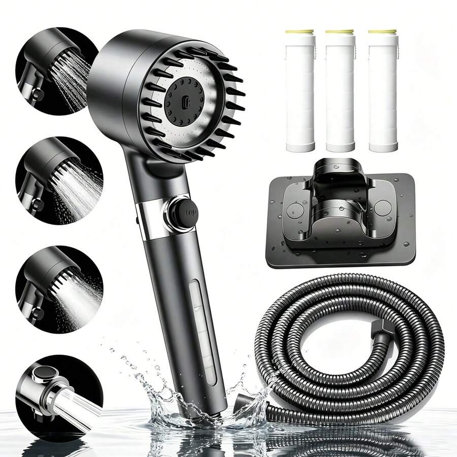 Filtered High-Pressure Shower Head Set With Massage Brush - 3 Water-Saving Modes Handheld Shower Head With Stop Button, Anti-Clogging Nozzles, Includes Hose, Wall Mount And 3 Hard Water Replacement Filter Cartridges - Shower Set - View 1