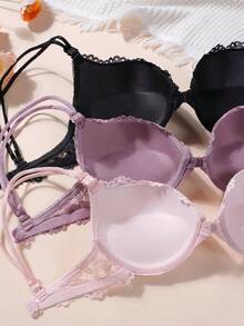 3pcs/Set Women Front Closure Lace Padded Push Up Bra, Sexy & Comfortable Lift Bra - Thin Padding, Adjustable Straps, Lift Bust, Fashionable & Versatile, Suitable For Daily Wear & Special Occasions - Multicolor - View 4