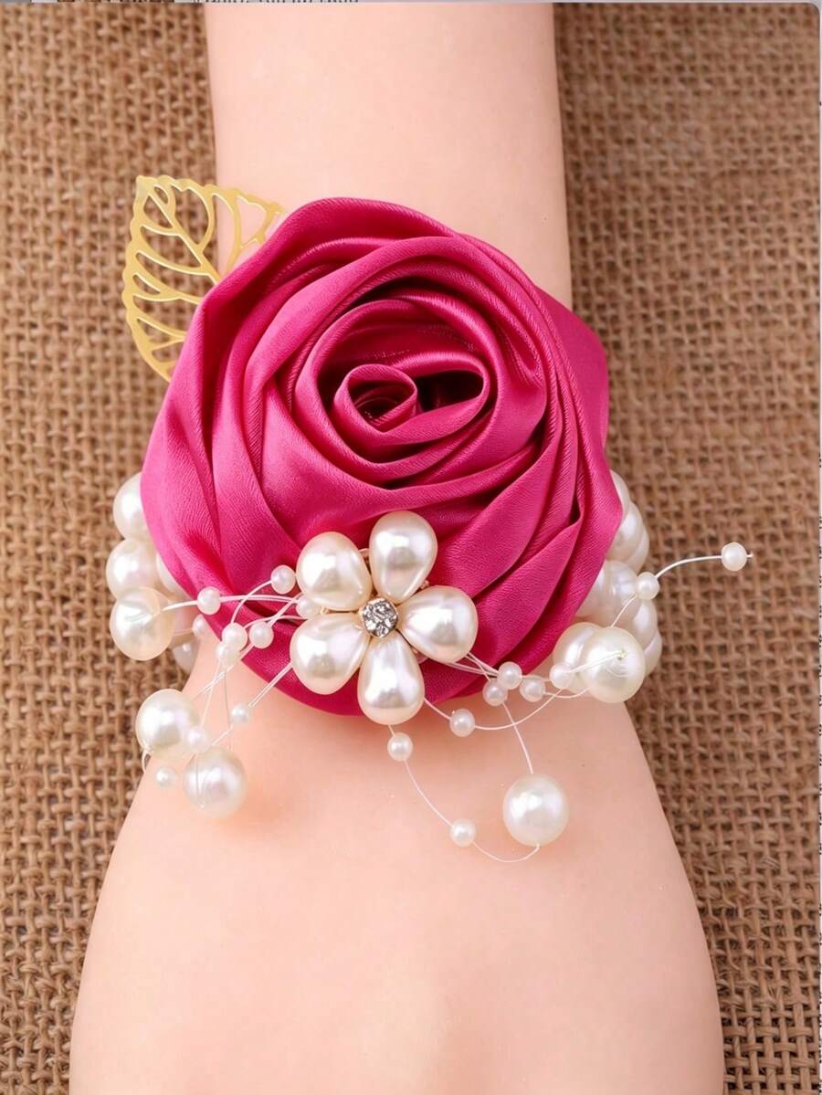 1pc Pearl, Gold Leaf & Satin Ribbon Gold Rose Wrist Corsage, Bridesmaid Boutonniere, Suitable For Wedding, Wedding Ceremony, Holiday, Wedding Photography - Hot Pink - View 1