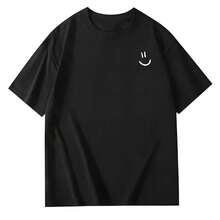 Women's Casual Short-Sleeved Crew Neck T-Shirt With A  Face Print, Made Of Black Knit Fabric With A Regular Length, Ideal For Everyday Wear. Urban Style. - 黑色 - 查看 1