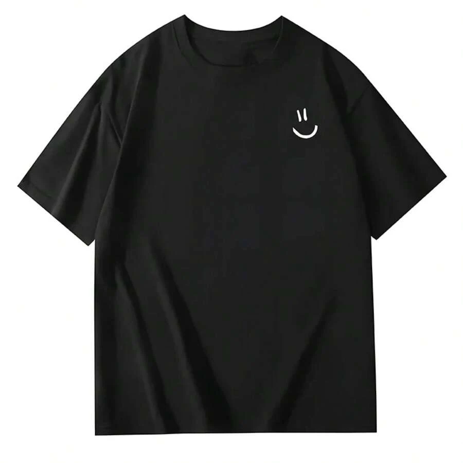 Women's Casual Short-Sleeved Crew Neck T-Shirt With A Face Print, Made Of Black Knit Fabric With A Regular Length, Ideal For Everyday Wear. Urban Style. - 黑色 - 查看 1
