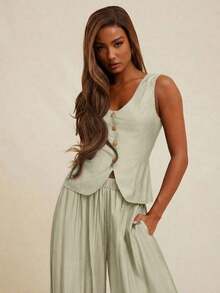 Conjunto de mujer (Parte superior y pantalón) Parte superior tipo chaleco con cuello en pico y abotonado, pantalón ajustado de tiro alto con pliegues, apto para oficina, negocios, casual, brunch, iglesia, otoño e invierno, adecuado para atuendos de oficina - Beis - Ver 4