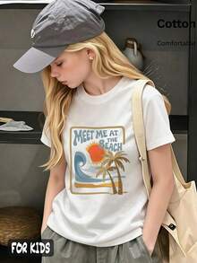 Camiseta de estilo playero de verano para niñas, ropa de verano para niñas preadolescentes, 1 pieza camiseta personalizada para niños grandes de 6-12 años, camiseta básica unisex, divertida, casual y versátil, para uso diario, deportes, carnaval, fiesta de cumpleaños, ceremonia de graduación infantil, estilo Y2K, atuendo de playa para viajes de vacaciones - Blanco - Ver 5