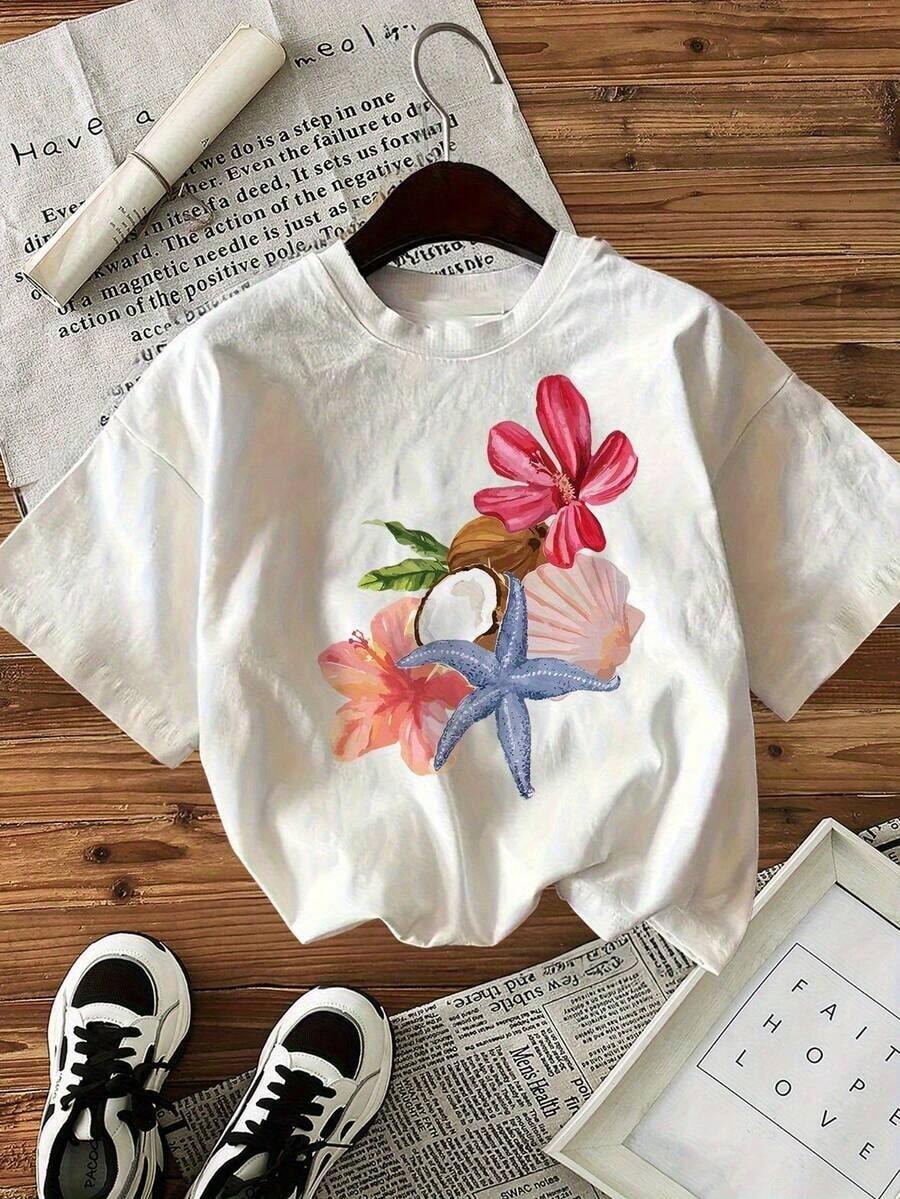 Morbida 1Pac 100% Cotton Men's Sizes, Breathable Plus Size Women's Loose Short-Sleeve T-Shirt, Fun Cartoon Print, Crew Neck, Spring Summer Casual Top, Estiva Casual - 白色 - 查看 1