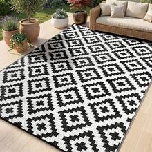 Sour Lemon Large Outdoor Rug Waterproof, Anti-Slip Plastic Straw Garden Rug, Outdoor Mat Carpet, UV Resistant For Camping, Deck, Beach, Picnic, Backyard, Poolside, 150x240cm - HitamPutih - View 1