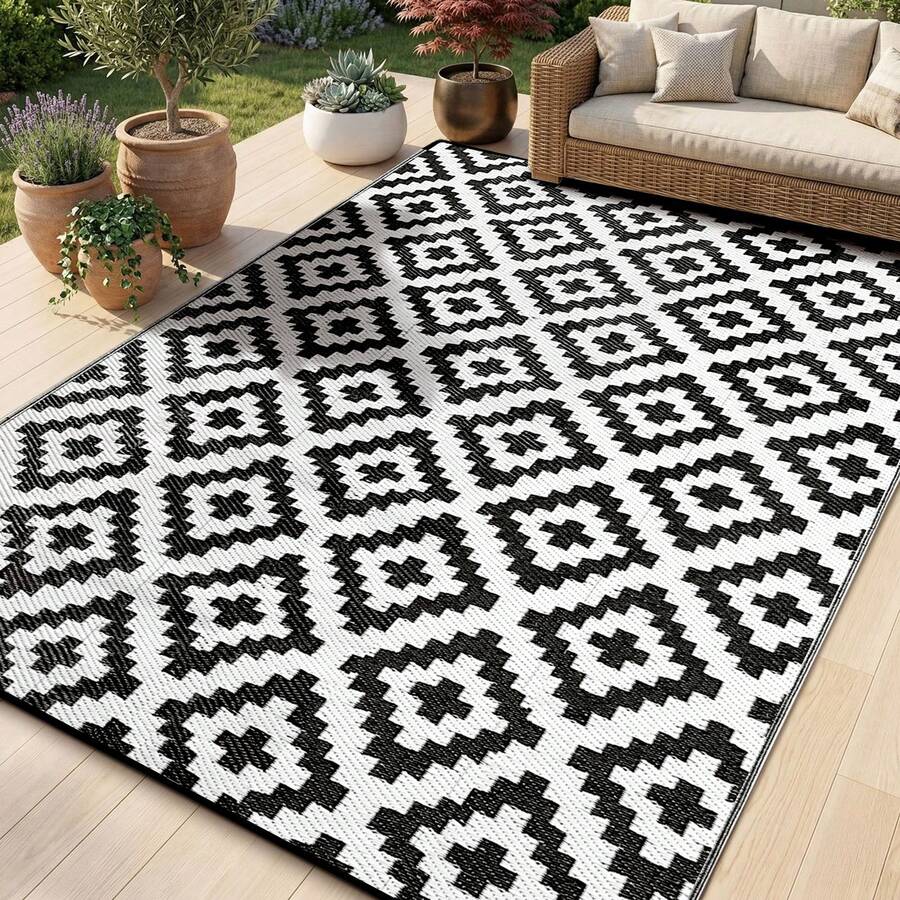 Sour Lemon Large Outdoor Rug Waterproof, Anti-Slip Plastic Straw Garden Rug, Outdoor Mat Carpet, UV Resistant For Camping, Deck, Beach, Picnic, Backyard, Poolside, 150x240cm - HitamPutih - View 1