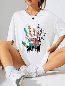 Women's Oversized T-Shirt With Graffiti Artist Handprint Design, Casual Style And Loose Fit. - White - View 12